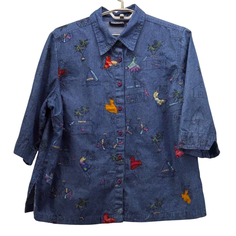 Artwork Denim Button Up Shirt Blue‎ 2X